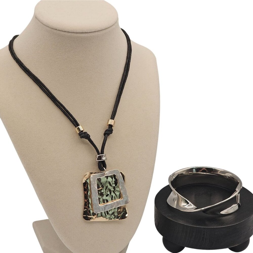 Hammered Pendant 20" Necklace & Twisted Hinged Cuff Bracelet Jewelry Set Square